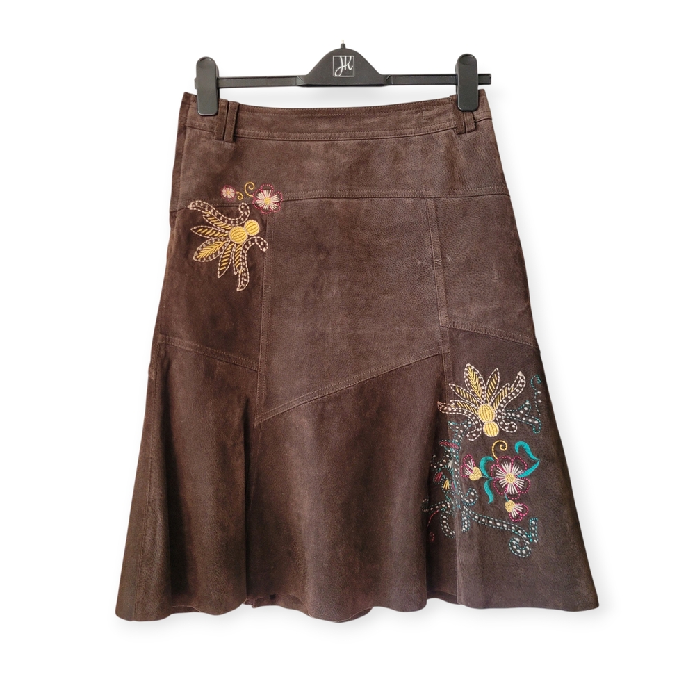 Y2K Boho Floral Embroidered Brown Suede A-Line Skirt Retro Size 4